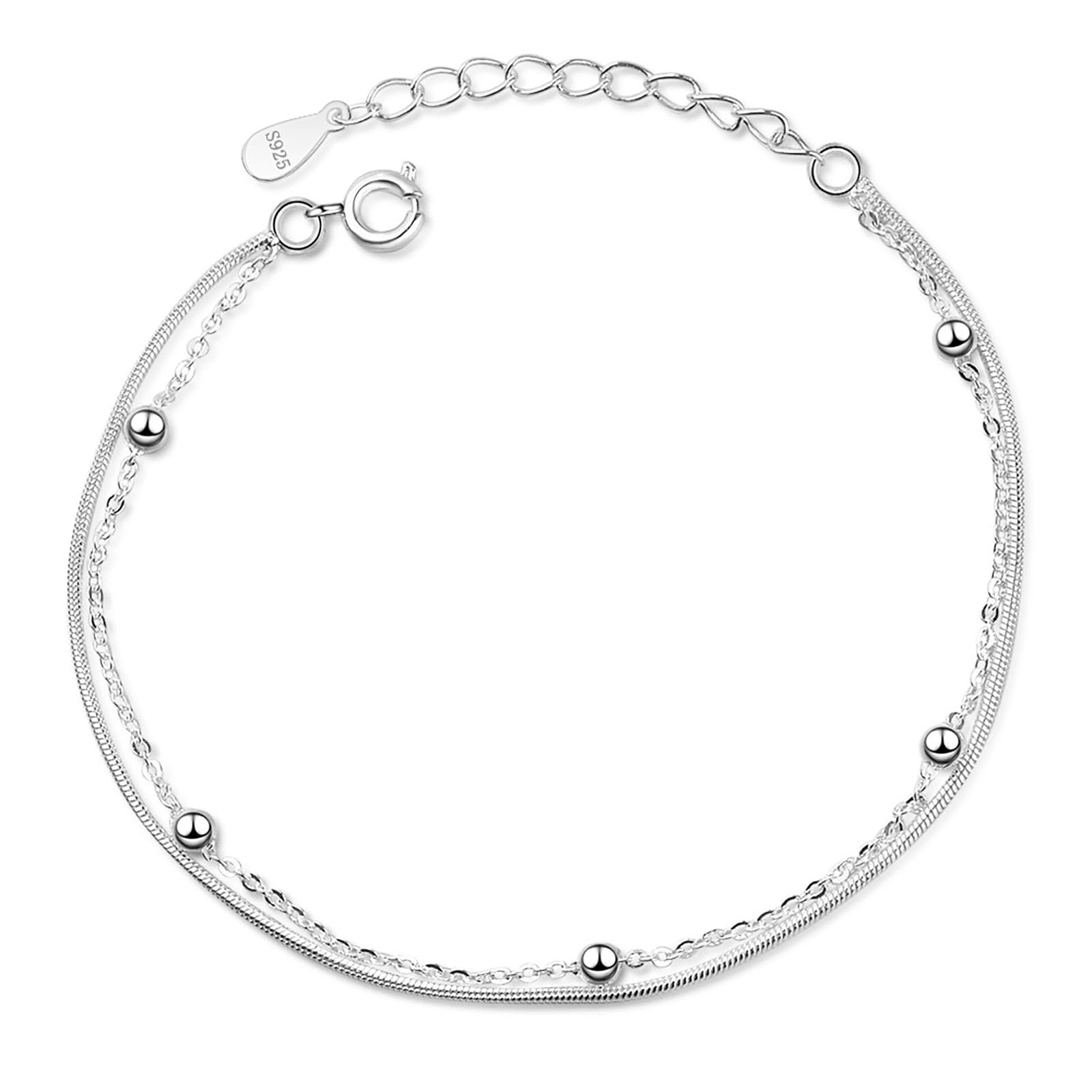 Bracelet Argent 925 Femme, Double Couche Reglable pour Meilleure Amie avec Perles Fin et Boule en Argent, Bijoux Pour Fi