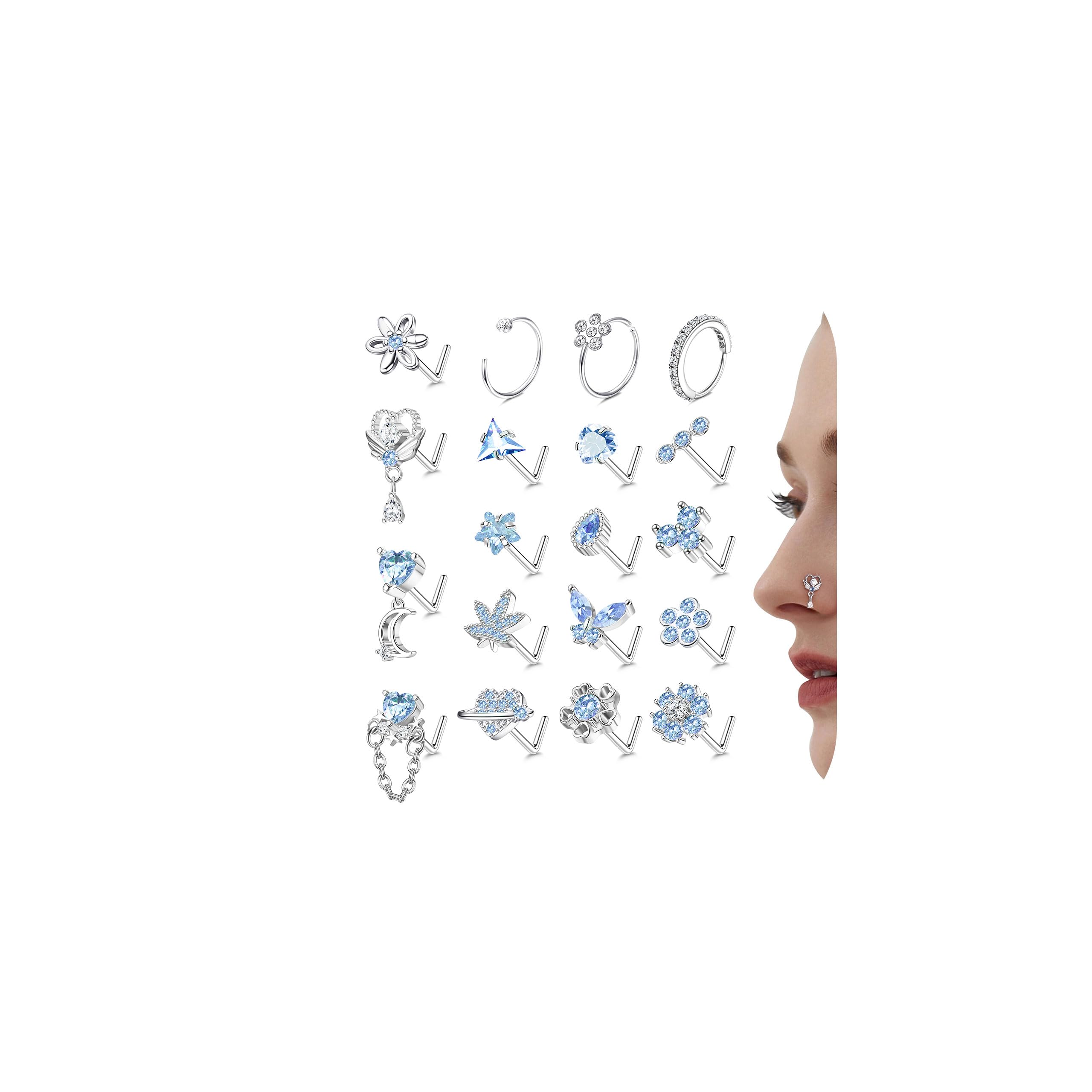 Milacolato Anneaux de Nez Hypoallergénique pour Femmes Vis de Goujon de Nez en Acier Inoxydable avec Zircone Cubique 20P