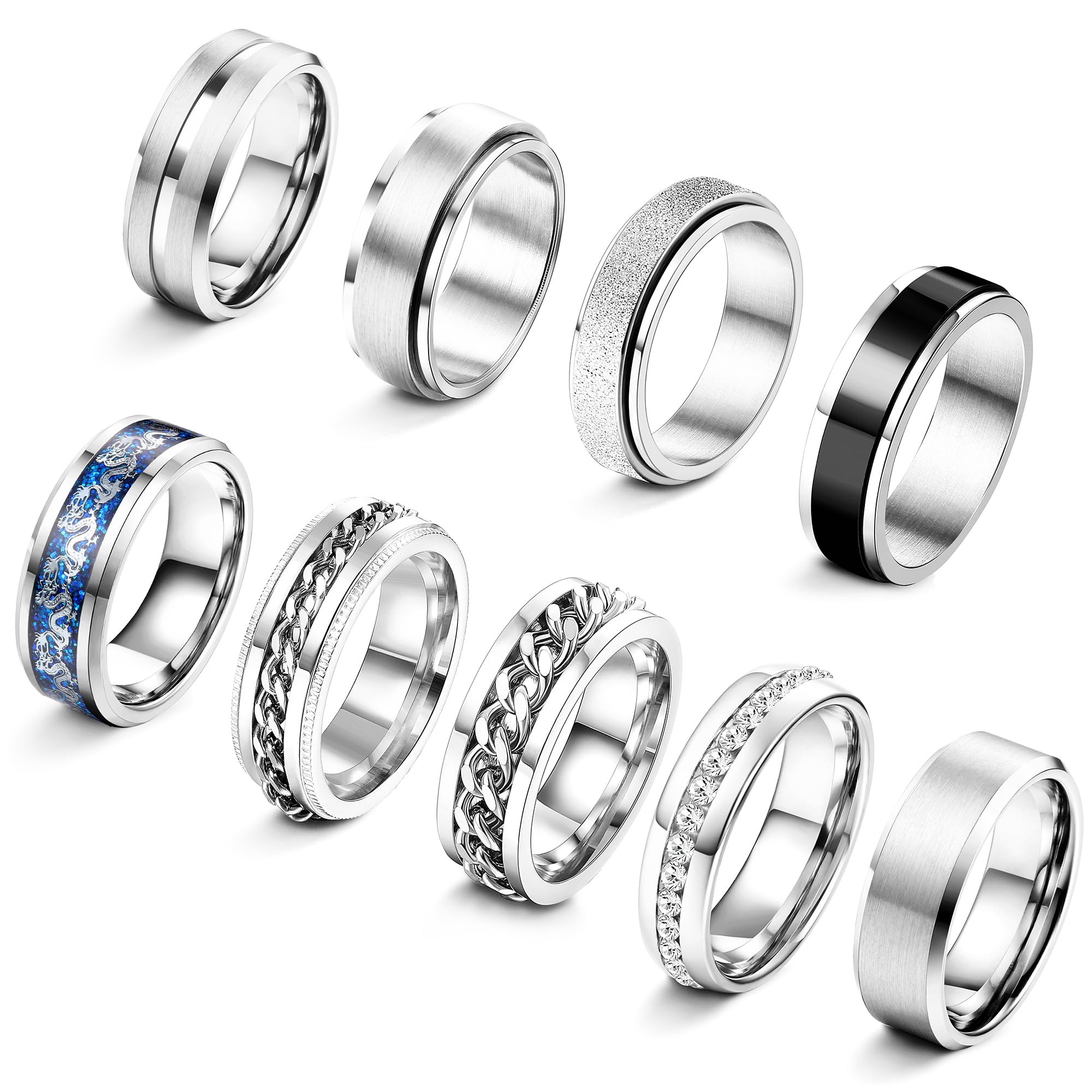 Adramata 9Pcs Bague Homme Anti Stress Recycled Argent Noir Acier Inoxydable Bague Mariage Fidget Bijoux Homme vintage